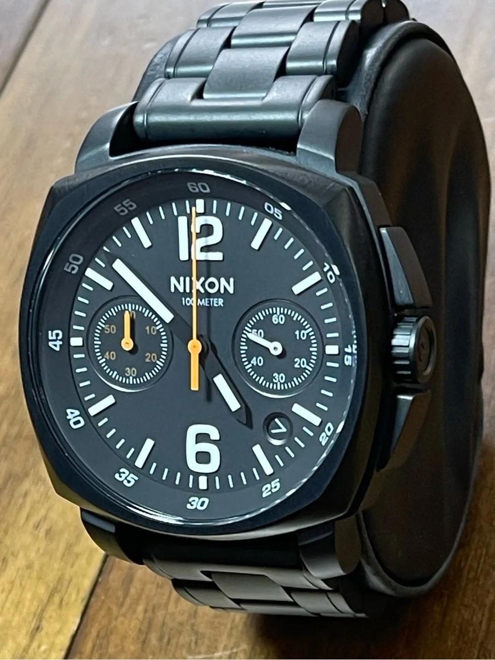 Nixon Charger Black Stainless Steel Chronograph Watch with Orange Hands